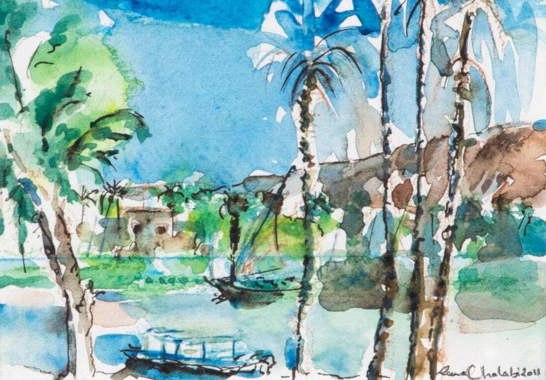 Watercolor painting of a tropical-like scene with palm trees and a small boat in the water.